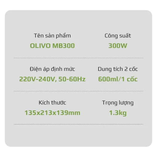 Máy Xay Sinh Tố OLIVO MB300 – 2 Cốc Linh Hoạt, Xay Đá Bào, Sinh Tố, Smoothie – Dung Tích 600ML - Hình ảnh 20