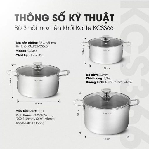 Bộ 3 nồi inox liền khối KALITE KCS366 – Bộ 3 size 18-20-24cm linh hoạt, inox 304 cao cấp, sử dụng mọi loại bếp. - Hình ảnh 8