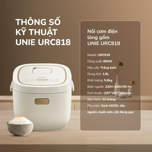Nồi cơm điện lòng gốm cao cấp UNIE URC818, dung tích 1,8L - Hình ảnh 2