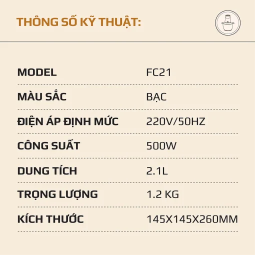 Máy Xay Thịt Đa Năng OLIVO FC21 – Công Suất 500W, Dung Tích 2.1L, Xay Thực Phẩm Nhanh Mạnh, Bền Bỉ - Hình ảnh 21