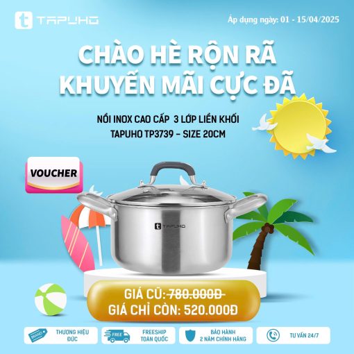 Nồi Inox Cao cấp 3 lớp liền khối TAPUHO TP3739 Chất liệu Thép không gỉ cao cấp