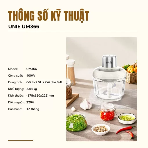 Máy xay thịt UNIE UM366 dung tích 2,5L, 2 cối xay thủy tinh tiện lợi - Hình ảnh 9