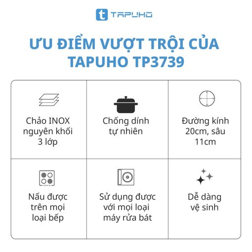 Nồi Inox Cao cấp 3 lớp liền khối TAPUHO TP3739 Chất liệu Thép không gỉ cao cấp - Hình ảnh 3