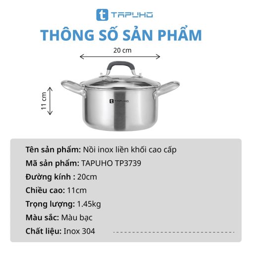 Nồi Inox Cao cấp 3 lớp liền khối TAPUHO TP3739 Chất liệu Thép không gỉ cao cấp - Hình ảnh 5