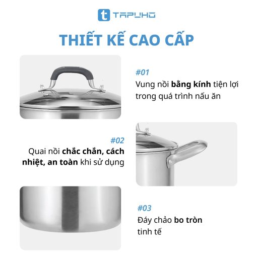 Nồi Inox Cao cấp 3 lớp liền khối TAPUHO TP3739 Chất liệu Thép không gỉ cao cấp - Hình ảnh 6
