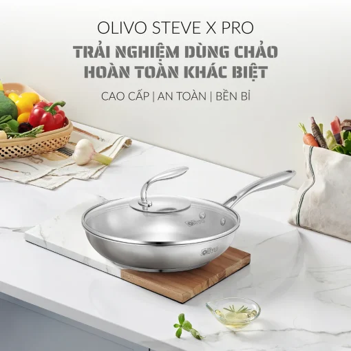 Chảo Inox OLIVO STEVE X PRO – Chống Dính Tự Nhiên, Đáy 5 Lớp, Dùng Mọi Loại Bếp-24cm - Hình ảnh 2