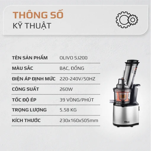 Máy Ép Chậm OLIVO SJ200 – Ép Kiệt Bã 98%, Tốc Độ 39 Vòng/Phút, Dễ Vệ Sinh - Hình ảnh 22