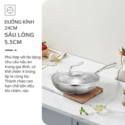 Chảo Inox OLIVO STEVE X PRO – Chống Dính Tự Nhiên, Đáy 5 Lớp, Dùng Mọi Loại Bếp-24cm - Hình ảnh 7