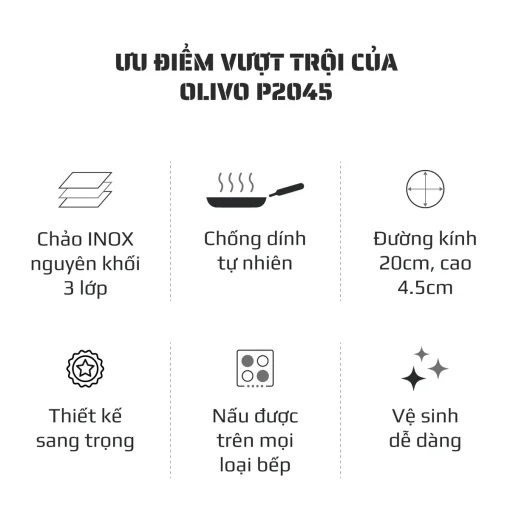 CHẢO INOX OLIVO P2045 – Chống Dính Tự Nhiên, Đáy 3 Lớp, Dùng Mọi Loại Bếp - Hình ảnh 3
