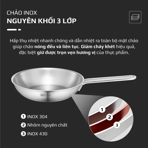 CHẢO INOX OLIVO P2045 – Chống Dính Tự Nhiên, Đáy 3 Lớp, Dùng Mọi Loại Bếp - Hình ảnh 4