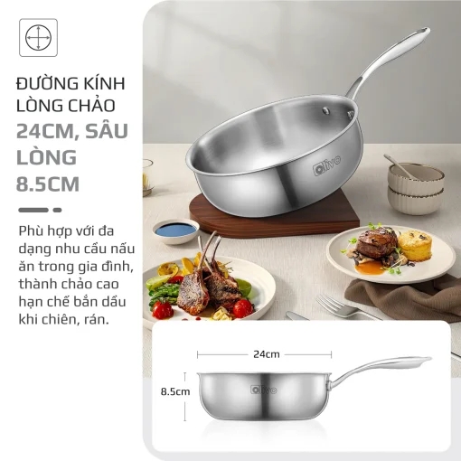 Chảo Inox OLIVO STEVE 2485 – Chống Dính Tự Nhiên, Đáy 4 Lớp, Dùng Mọi Loại Bếp-24cm - Hình ảnh 10