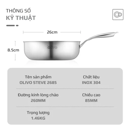 Chảo Inox OLIVO STEVE 2685 – Chống Dính Tự Nhiên, Đáy 3 Lớp, Dùng Mọi Loại Bếp-26cm - Hình ảnh 15