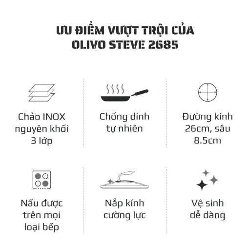 Chảo Inox OLIVO STEVE 2685 – Chống Dính Tự Nhiên, Đáy 3 Lớp, Dùng Mọi Loại Bếp-26cm - Hình ảnh 3