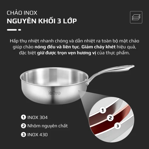 Chảo Inox OLIVO STEVE 2685 – Chống Dính Tự Nhiên, Đáy 3 Lớp, Dùng Mọi Loại Bếp-26cm - Hình ảnh 4