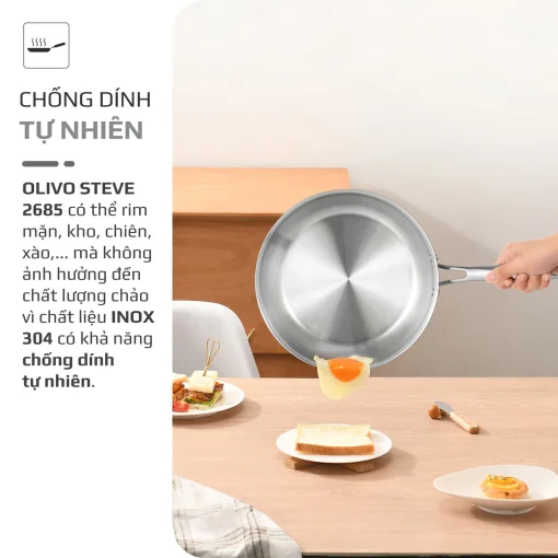 Chảo Inox OLIVO STEVE 2685 – Chống Dính Tự Nhiên, Đáy 3 Lớp, Dùng Mọi Loại Bếp-26cm - Hình ảnh 6