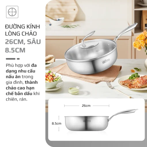 Chảo Inox OLIVO STEVE 2685 – Chống Dính Tự Nhiên, Đáy 3 Lớp, Dùng Mọi Loại Bếp-26cm - Hình ảnh 9