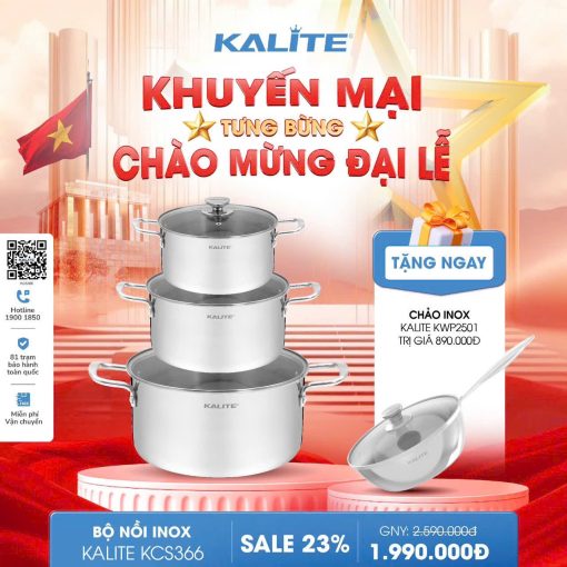 Bộ 3 nồi inox liền khối KALITE KCS366 – Bộ 3 size 18-20-24cm linh hoạt, inox 304 cao cấp, sử dụng mọi loại bếp.