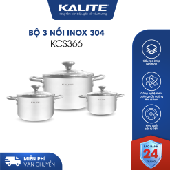 Bộ 3 nồi inox liền khối KALITE KCS366 – Bộ 3 size 18-20-24cm linh hoạt, inox 304 cao cấp, sử dụng mọi loại bếp.