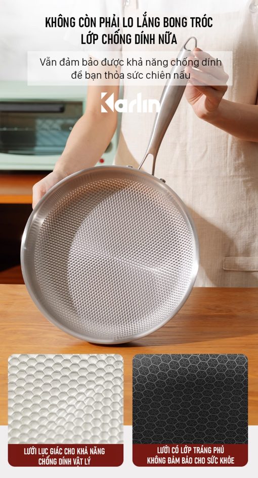 Chảo Inox Karlin Chống Dính Tự Nhiên – Model G26 Pro – Đáy 4 lớp – Inox 316 – 26×5.5 cm – Chất lượng cao (dùng cho bếp từ, bếp Gaz, bếp hồng ngoại…) - Ảnh 3