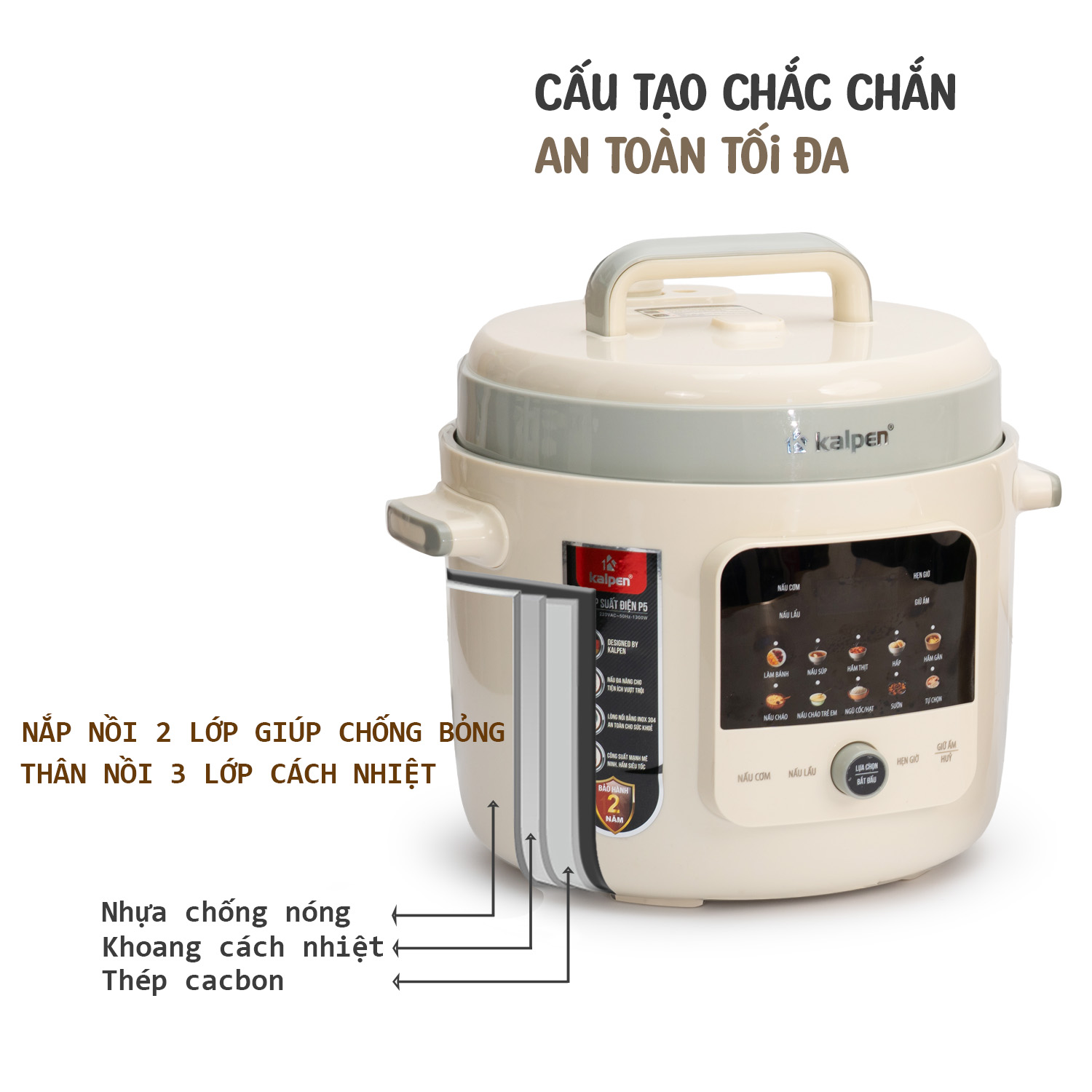 Nồi áp suất điện tử lòng nồi inox dung tích 6L Kalpen P5, Bảo hành 2 năm Chống cháy nổ an toàn - Ảnh 3