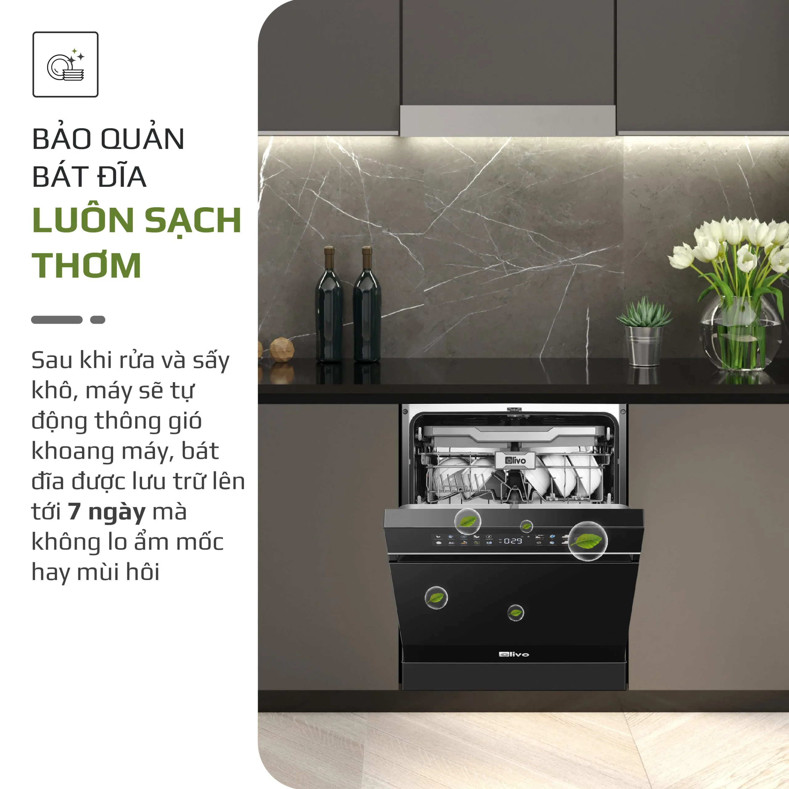 Máy Rửa Bát OLIVO DW18 – 3 Giỏ Linh Hoạt – Tải Trọng 18 Bộ Bát Đĩa – Sấy Turbo EcoDry – Rửa Hydro360 Wash -16 Chương Trình – Khử Khuẩn UV - Ảnh 15