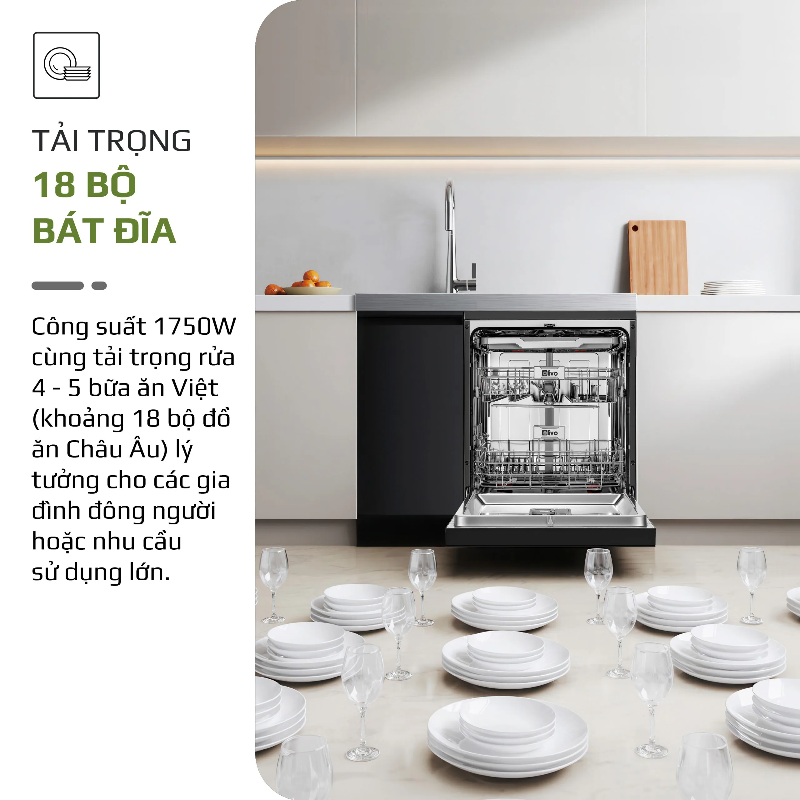 Máy Rửa Bát OLIVO DW18 – 3 Giỏ Linh Hoạt – Tải Trọng 18 Bộ Bát Đĩa – Sấy Turbo EcoDry – Rửa Hydro360 Wash -16 Chương Trình – Khử Khuẩn UV - Ảnh 18