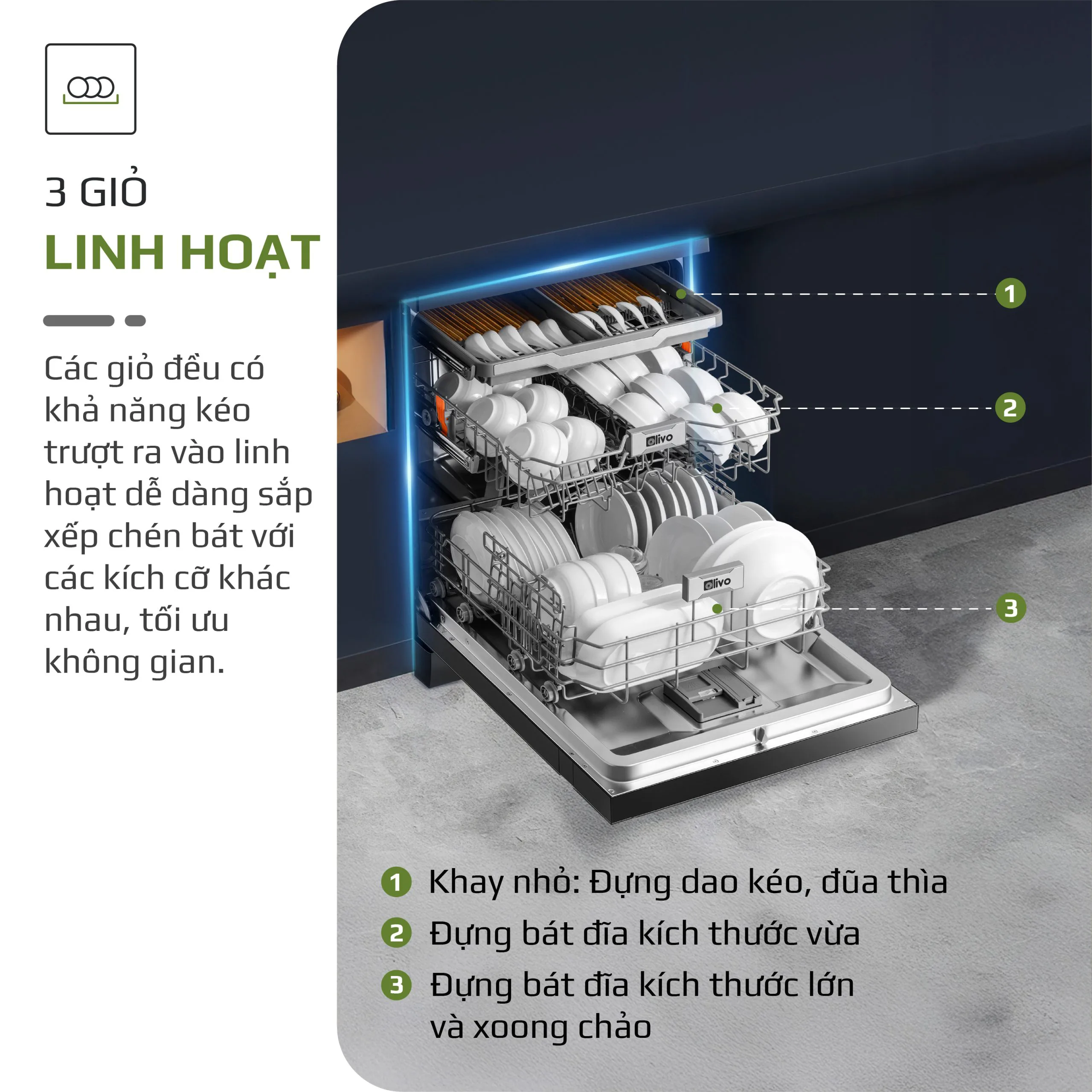 Máy Rửa Bát OLIVO DW18 – 3 Giỏ Linh Hoạt – Tải Trọng 18 Bộ Bát Đĩa – Sấy Turbo EcoDry – Rửa Hydro360 Wash -16 Chương Trình – Khử Khuẩn UV - Ảnh 20