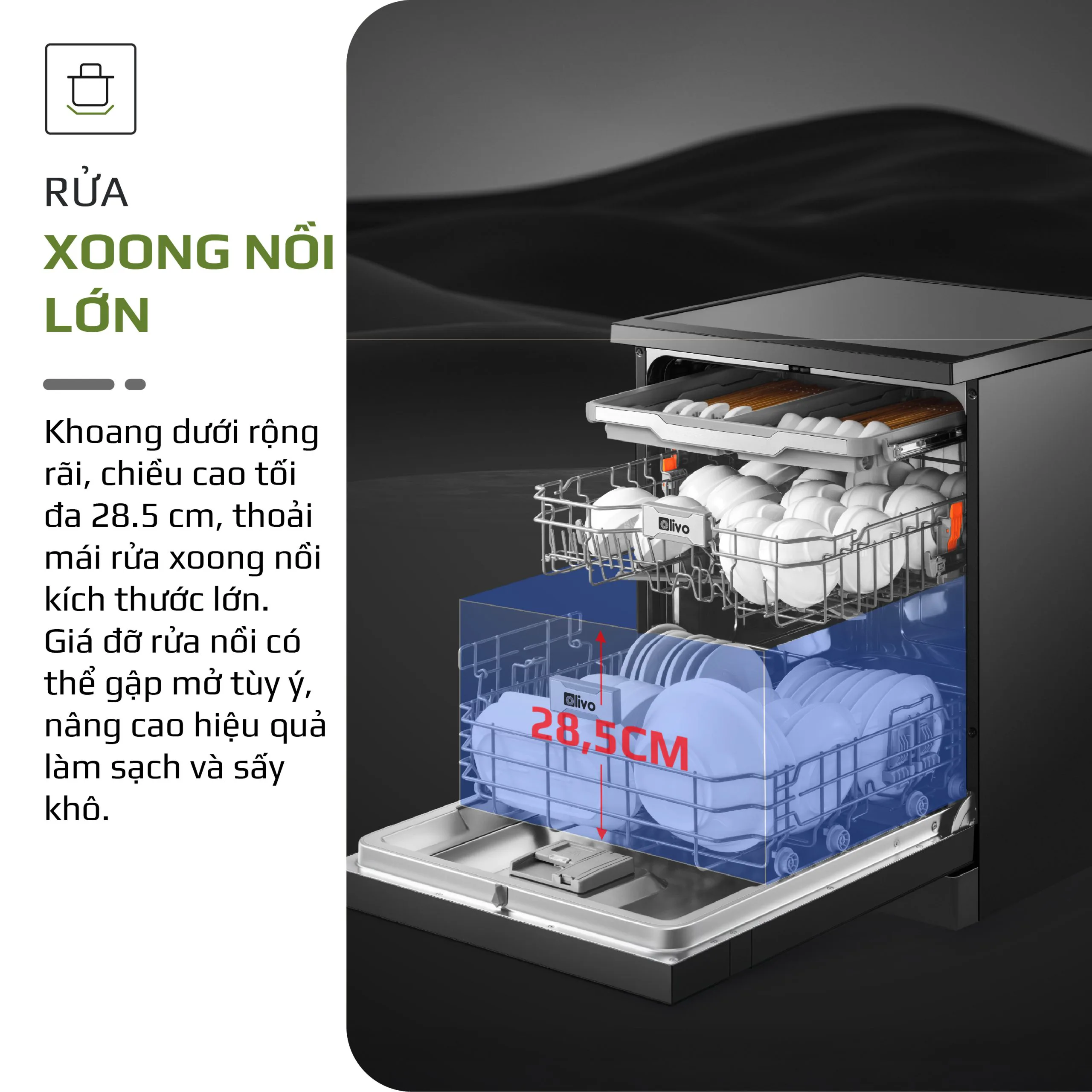 Máy Rửa Bát OLIVO DW18 – 3 Giỏ Linh Hoạt – Tải Trọng 18 Bộ Bát Đĩa – Sấy Turbo EcoDry – Rửa Hydro360 Wash -16 Chương Trình – Khử Khuẩn UV - Ảnh 19