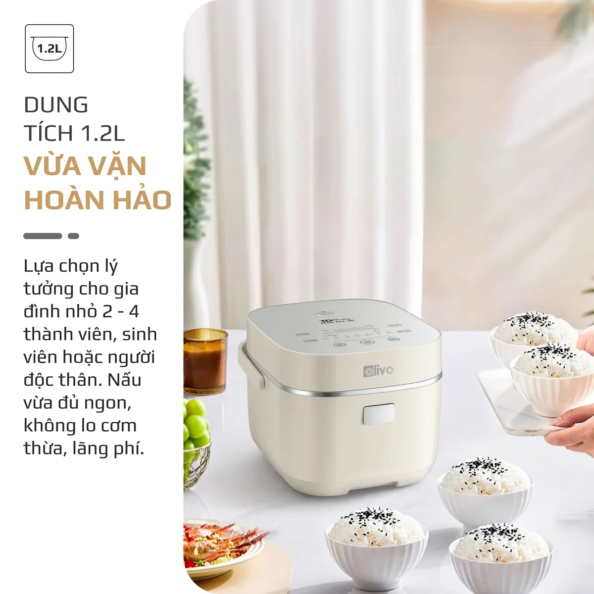 Nồi Cơm Điện Cao Tần OLIVO RC600IH - Lòng Nồi INOX 304, Dung tích 1.2L, Nhỏ Gọn Đa Năng, Công Nghệ Gia Nhiệt Nắp và Nấu Cao Tần Hiện Đại, Sử Dụng Dễ Dàng - Ảnh 5