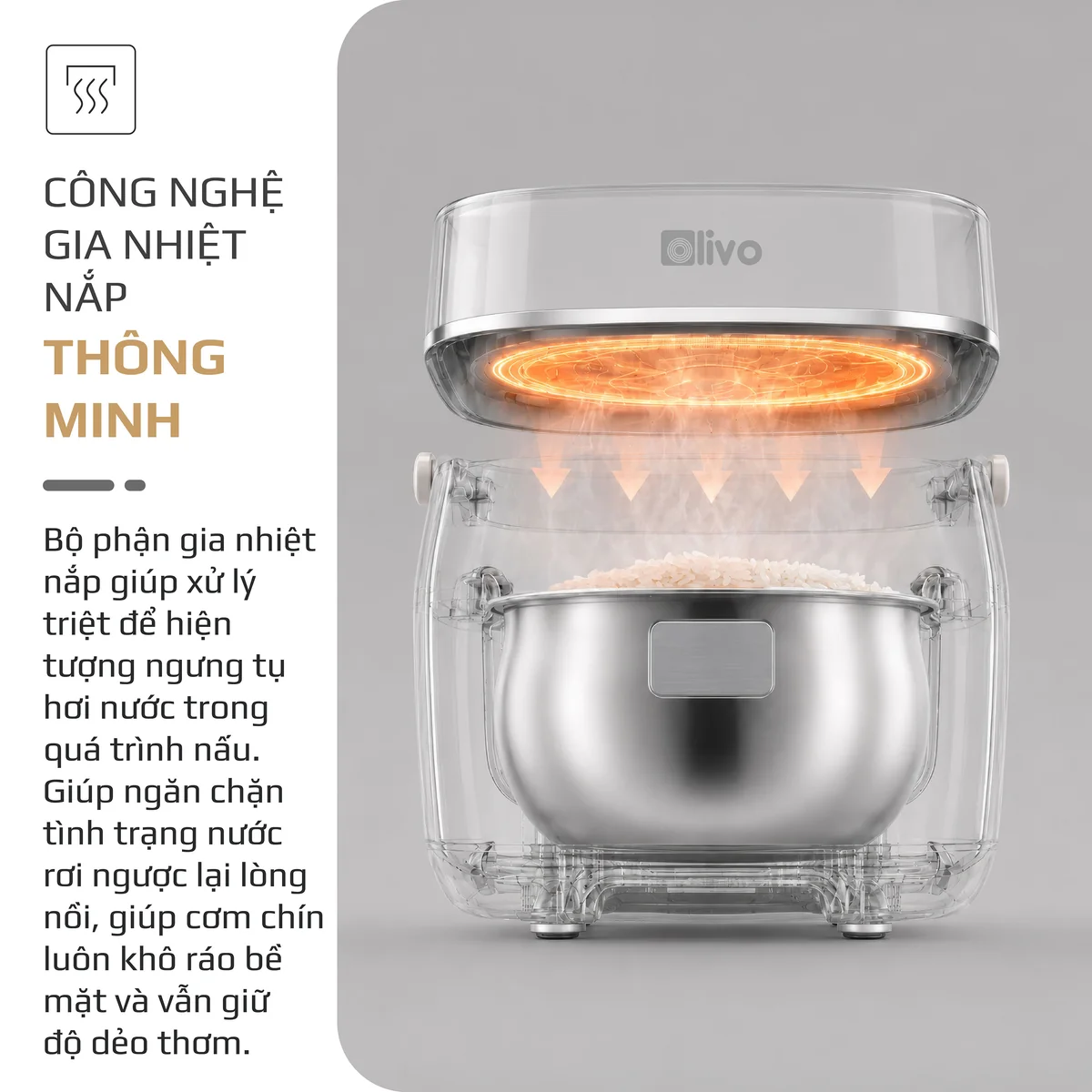 Nồi Cơm Điện Cao Tần OLIVO RC600IH - Lòng Nồi INOX 304, Dung tích 1.2L, Nhỏ Gọn Đa Năng, Công Nghệ Gia Nhiệt Nắp và Nấu Cao Tần Hiện Đại, Sử Dụng Dễ Dàng - Ảnh 6