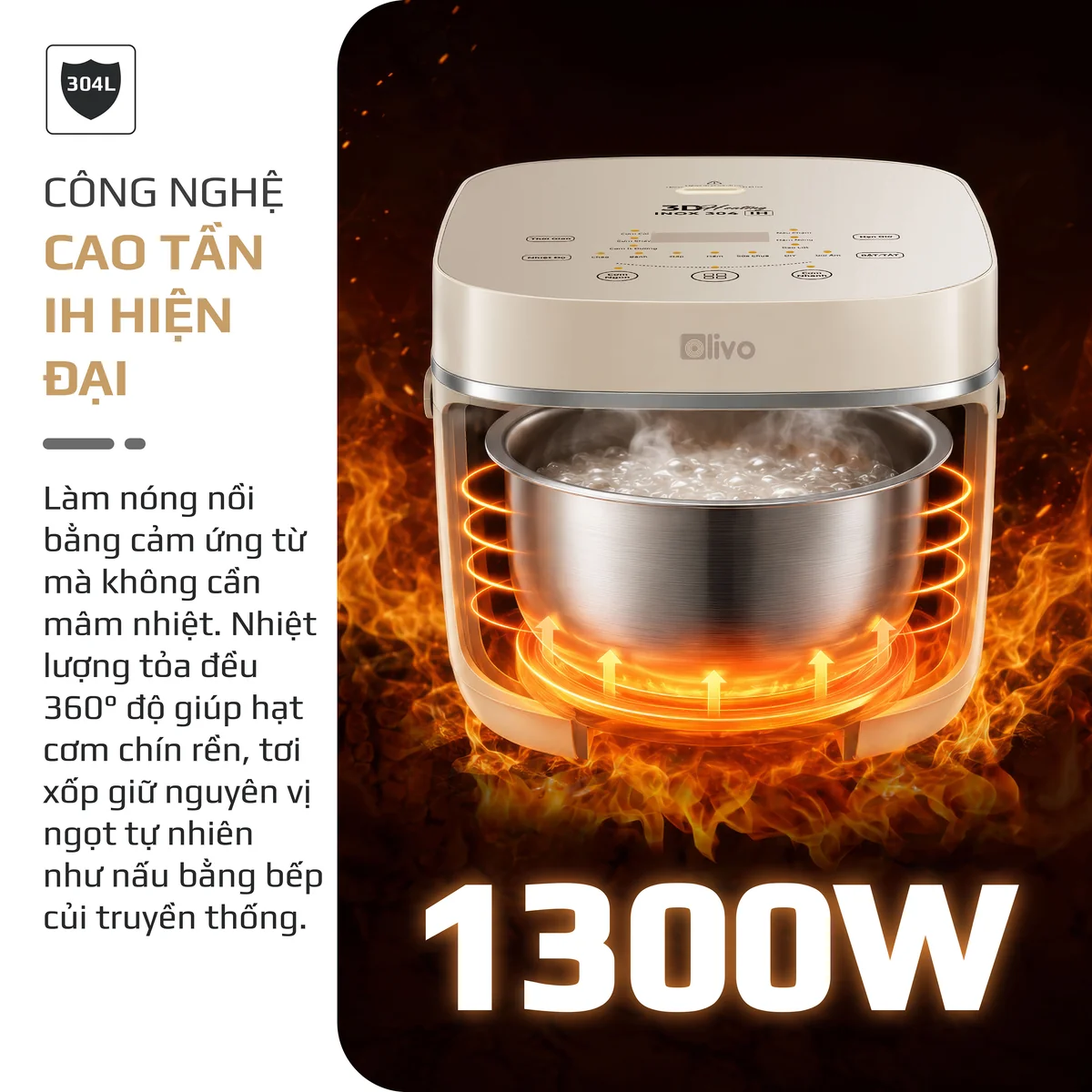 Nồi Cơm Điện Cao Tần OLIVO RC600IH - Lòng Nồi INOX 304, Dung tích 1.2L, Nhỏ Gọn Đa Năng, Công Nghệ Gia Nhiệt Nắp và Nấu Cao Tần Hiện Đại, Sử Dụng Dễ Dàng - Ảnh 7